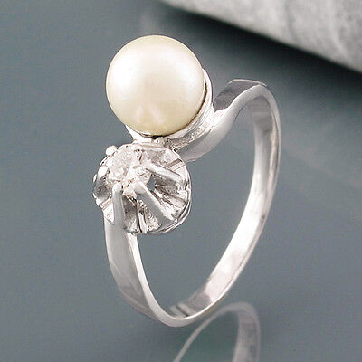 Anneau 585/14K or Blanc Diamant Brillant Perle Akoya Elevage Antique