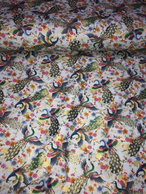 1 mtr white multi coloured peacock japanese print 100% cotton fabric..58” wide