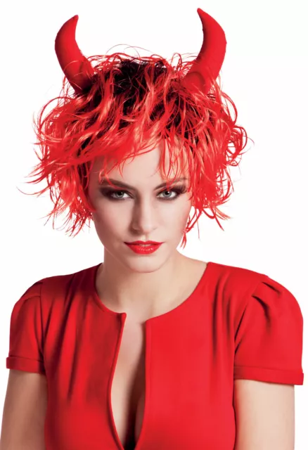 Ladies Short Red Devil Wig With Horns Halloween Fancy Dress New