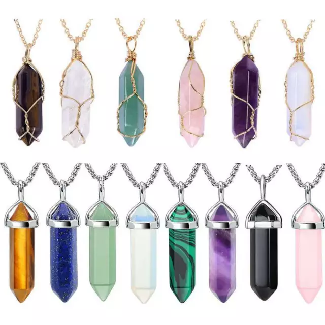 Natural Gemstone Chakra Stone Pendant Energy Healing Crystal with Chain Necklace 2