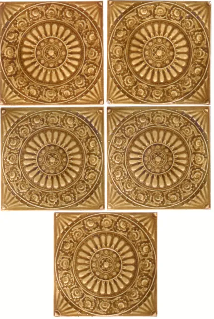 Hamilton Tile Works - c1884 - Golden Gothic Floral  - 5 Antique Majolica Tiles