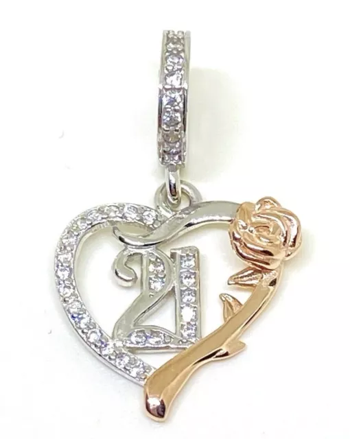 21 21St Birthday Heart & Rose Flower Charm 💜 925 Sterling Silver Gift