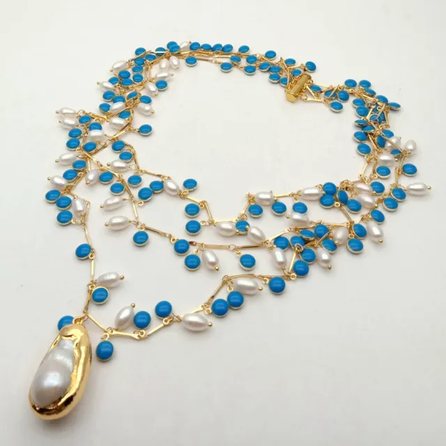 3 Strands 19'' White Rice Pearl Blue Enamel Chain Necklace Keshi Pearl Pendant