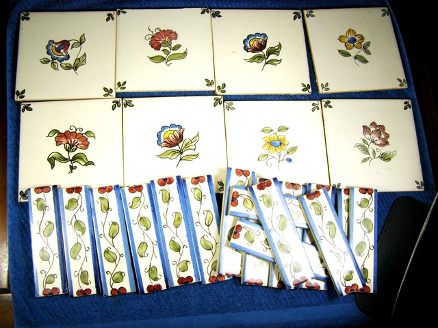 EIGHT pc Ceramic 5-1/2" Sq. Hand Painted Portugal Flower Tiles & 16 Border Tiles