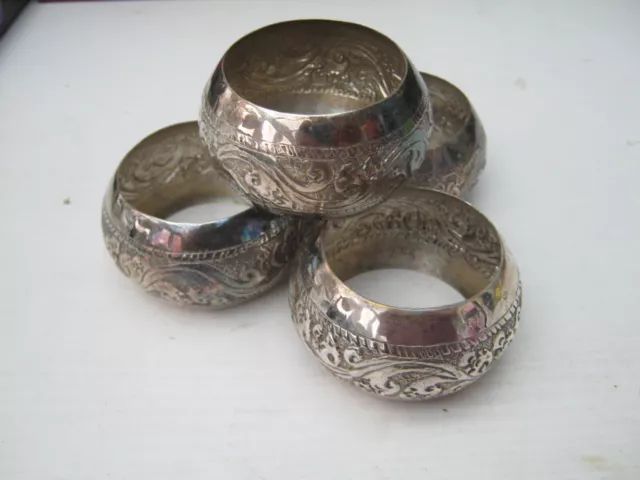 Antique Set Of 4 Hand Chased Eastern Silver Colour White Metal Napkin Rings 81gm