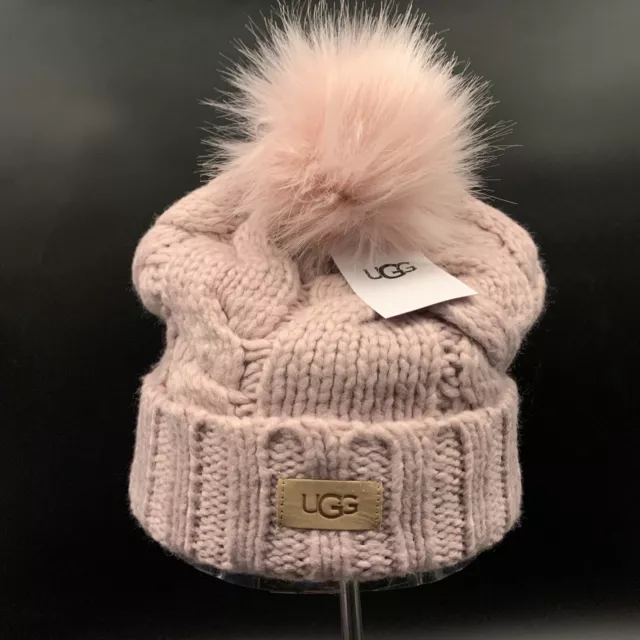 Ugg Beanie Cable Knit Faux Fur Pom Hat Cap Womens One Size Mauve Pink