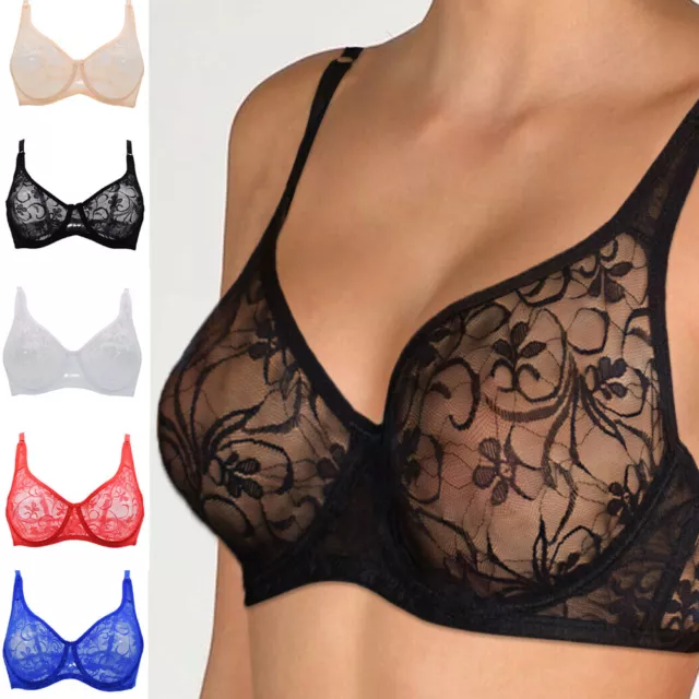 Womens Sexy Sheer Lace Bra See Through Unlined Bras Demi