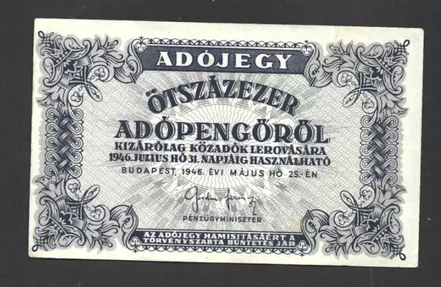 500 000 Adopengo Vf Banknote From  Hungary 1946 Pick-139  Without Serials