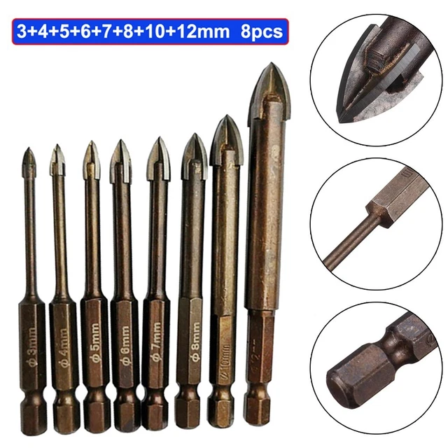 8pcs Carbure Tungstène Verre Drill-Bit Set Croix Pointe Tête Drill-Bits
