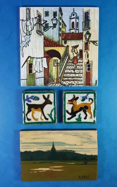 Four Art Pottery Ceramic Tiles - Portugal Spain England - Street Scene - Animals