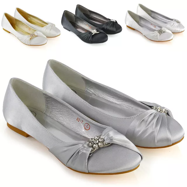 Womens Wedding Shoes Satin Diamante Brooch Ladies Flats Ballet Pumps Size 3-9