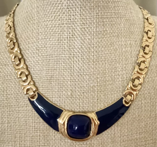 Vintage Signed TRIFARI Blue Enamel Gold Tone Collar c1980’s