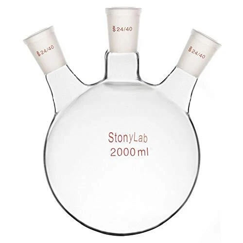 Glass 3 Neck Round Bottom Flask RBF, with 24/40 Center and Side 2000 ml