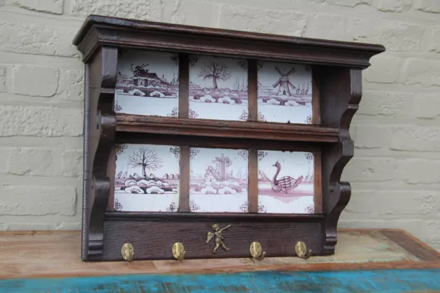 Antique Holland wood Delft 18thc ceramic tiles kitchen towel rack shelf putti