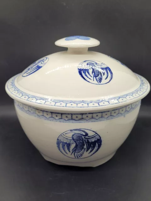 Vintage Stoneware Chinese Porcelain Rice Bowl Lid Cranes Blue White Asian Macau