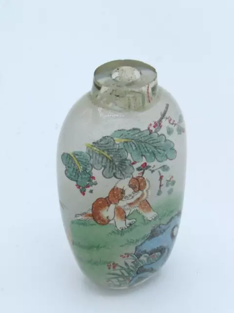 Vintage Inside Reverse Painted Chinese Glass Snuff Bottle White Rabbit, Shih Tzu