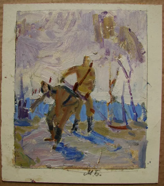 Ukrainian Soviet USSR Oil Painting impressionism sapper soldier WW2 sketch