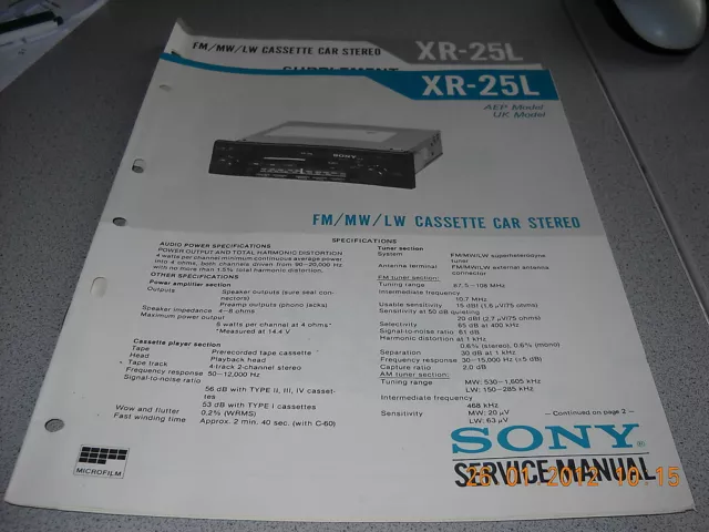 SONY XR-25L FM/MW/LW Cassette Car Stereo Service Manual inkl. Supplement Nr.1