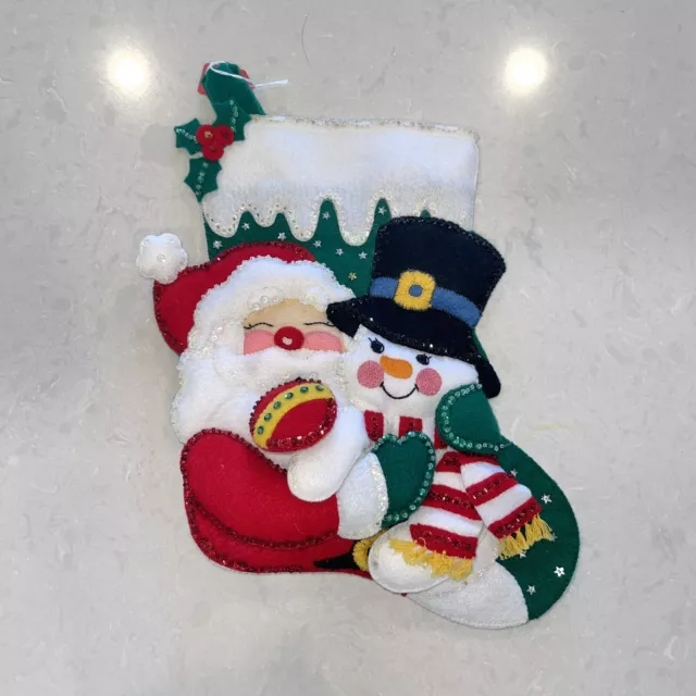 Finished Bucilla "Santa & Snowman" Felt Stocking unlined Short