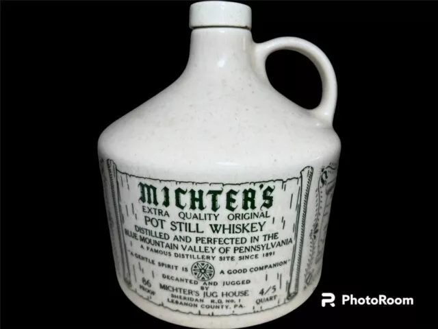 Michters Pot Still Whiskey Ceramic Jug With Cork/Cap Made in USA Green Lettering