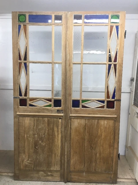 Rare Large Stained Etched Glass Doors French Pair Reclaimed Antique Period Old