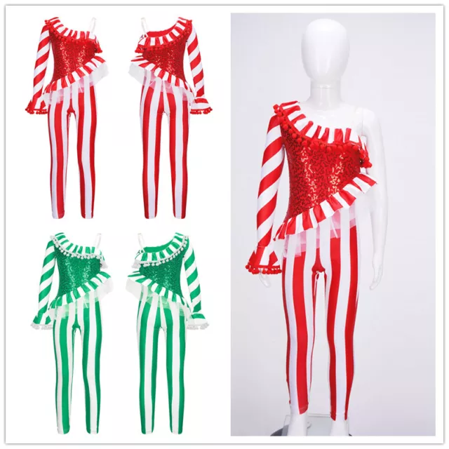 Kids Girls Christmas Jumpsuit Fancy Dress Up Leotard Stripes Xmas Costume Party