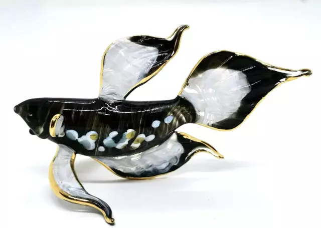 Black-White Betta Siamese Fighting Fish Figurine - Hand Blown Glass Collectible