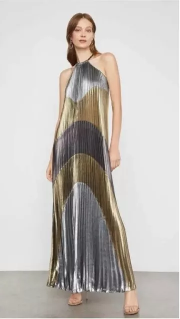 BCBG MAX AZRIA metallic color-block pleated maxi stunning dress