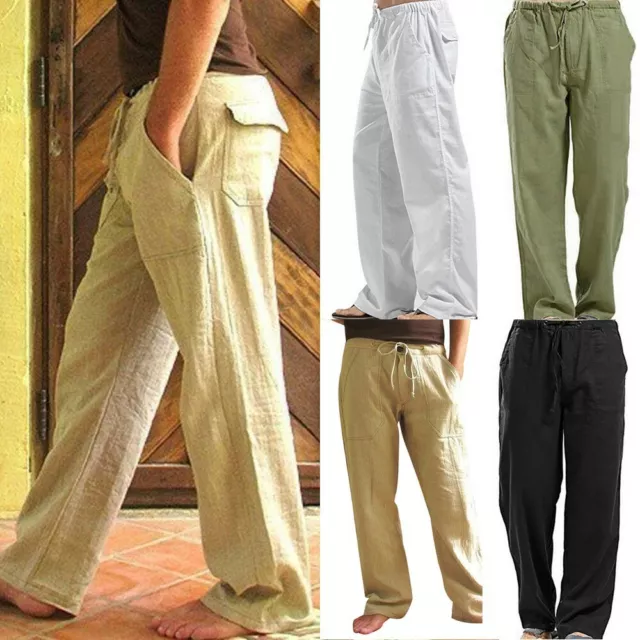Mens Cotton Linen Trousers Straight Casual Pants Loose Baggy Drawstring  Pants 