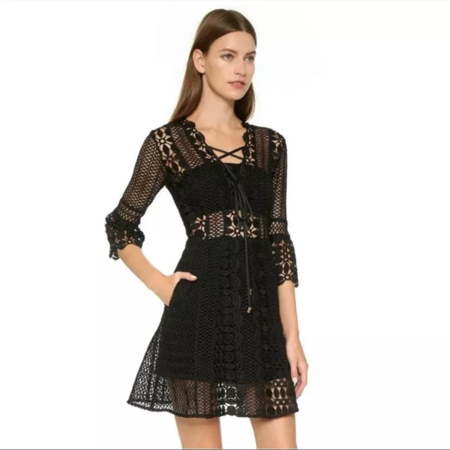 SELF PORTRAIT Black A-Line Guipure Lace Up Mini Dress Size 4 New With Tags 2