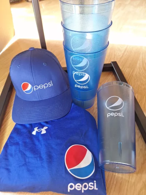 Pepsi Advertising Merch Promo Lot Trucker Hat Tumbler Glasses Medium Shirt blue