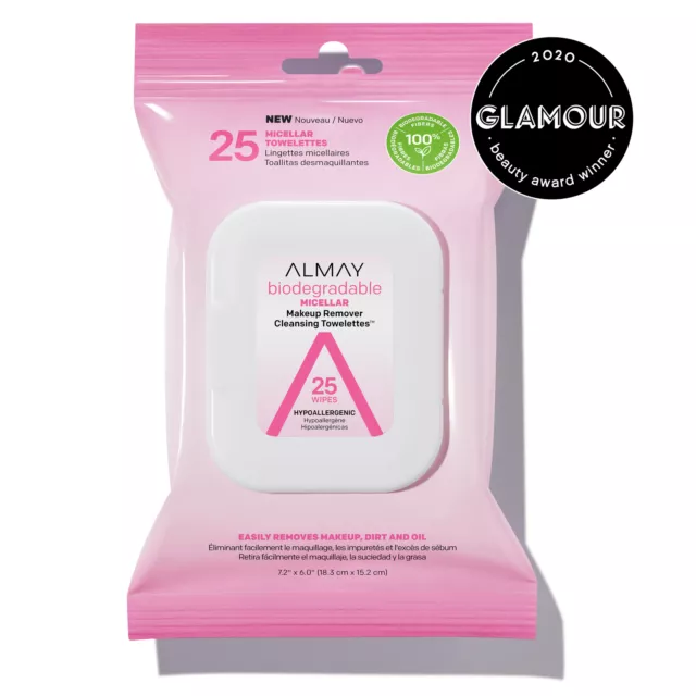 LOT OF 2 Almay Biodegradable Micellar Makeup Remover Wipes 25-ct each FREE SHIP