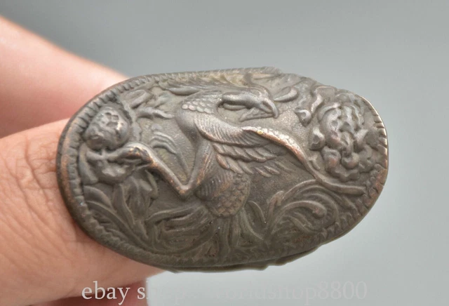 4CM Old Chinese Silver Carving Phoenix Peony Auspicious Luck Jewelry Ring