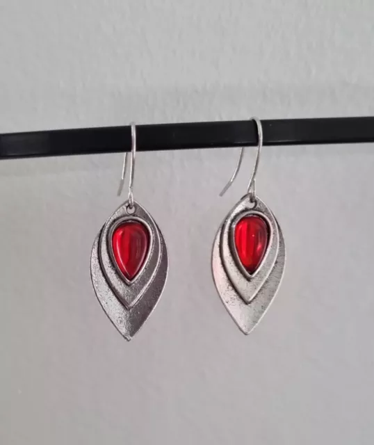 Boho Ethnic Silver Red Stone Tear Drop Dangle Earrings UK