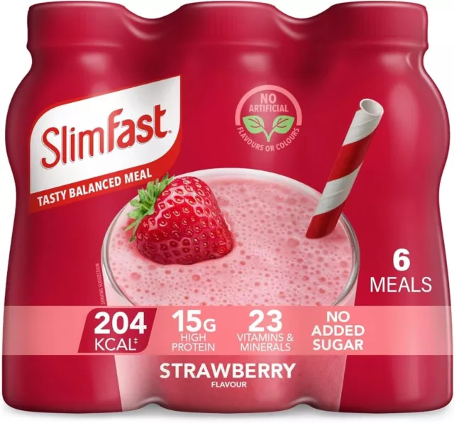 Batidos de fresa SlimFast listos para beber | Sabrosa comida equilibrada | Paquete de 6 x 325 ml
