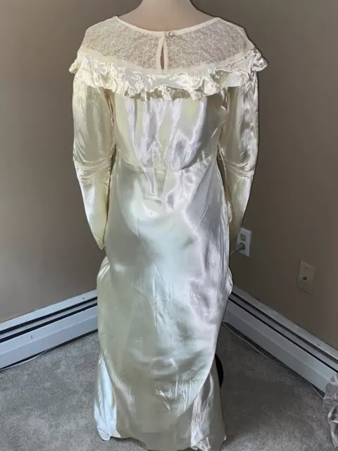 VTG 1930s Ivory Liquid Silky Satin Bias Cut Wedding Dress  Long  Sleeves S/M 2