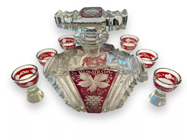 Karl Palda Art Deco Bohemian Crystal Glass Whiskey Liqueur Set - Ruby Red - 1930