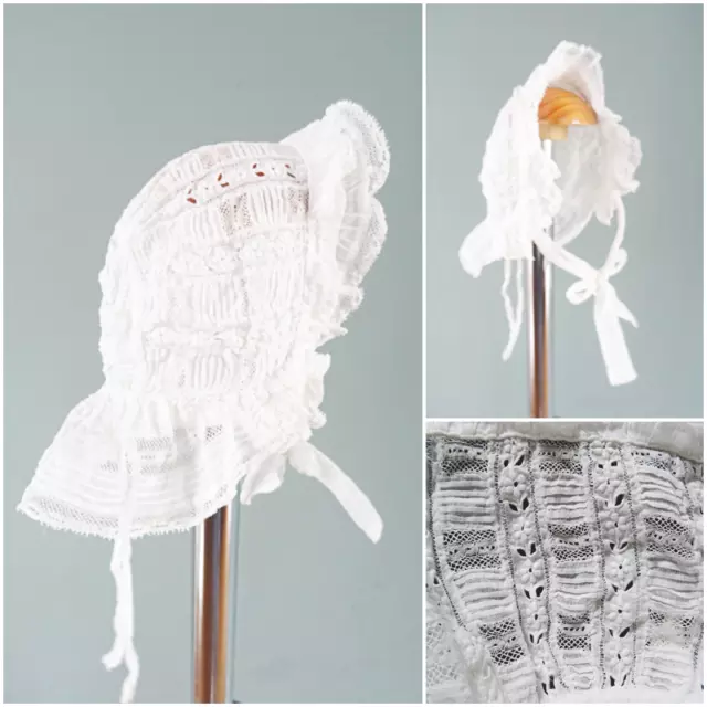 Cappellino Cofano Antico Bambini Vittoriano Floreale Ricamato Bianco Cotone Fiorico