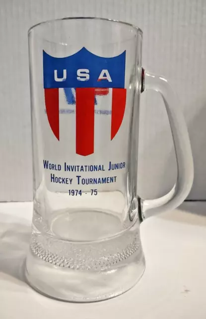 VTG 1974-1975 Glass USA Mug 6.5" T World Invitational Junior Hockey Tournament