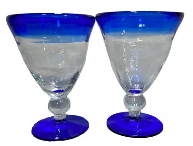 2 Mexican Style HandBlown Glass Cobalt Blue Rim Footed Cocktail Drinking Glasses