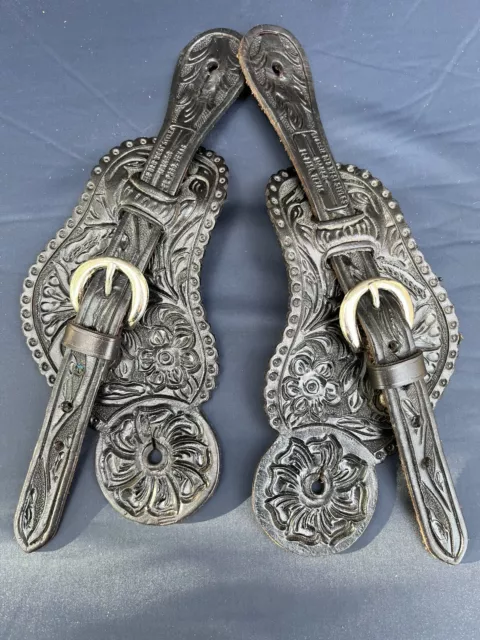 Vintage HAND MADE & Tooled Classic Old West Styles Cowboy Black Spur Straps