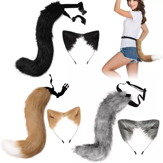 Faux Fur Fox Cat Ears Headband Furry Long Tail Anime Halloween Cosplay Costume