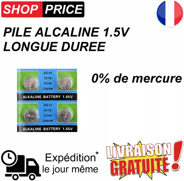 4 Piles bouton alcaline 1.5V 0% Mercure - Type AG13 LR44 LR1154 357 LR41 LR43