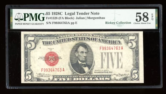 DBR 1928-C $5 Legal Fr. 1528 FA Block PMG 58 EPQ Serial F99364763A