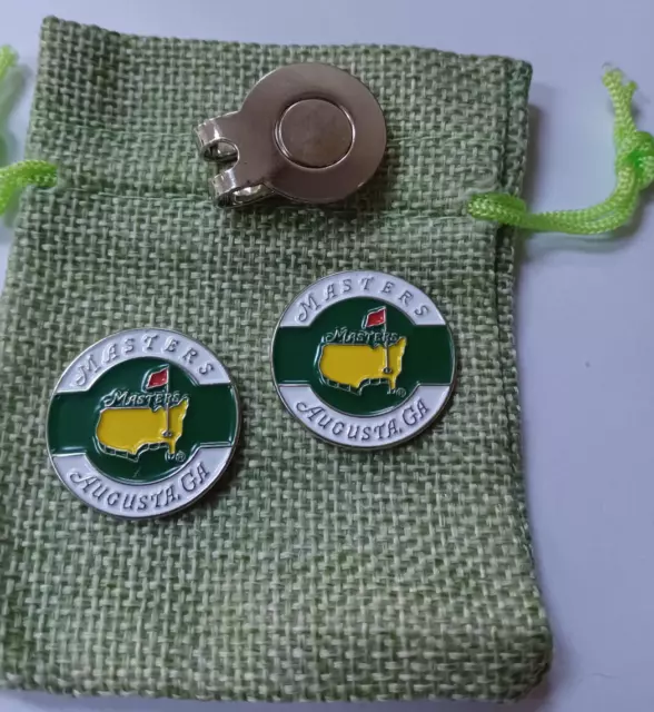 Two 1 inch (25mm) Masters Golf ball Markers - Free pouch and magnetic clip