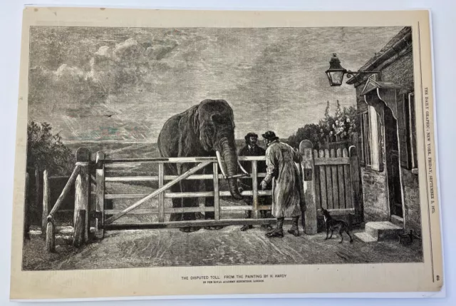 1875 The Disputed Toll From H. Hardy Painting Daily Graphic Print Elephant Dog