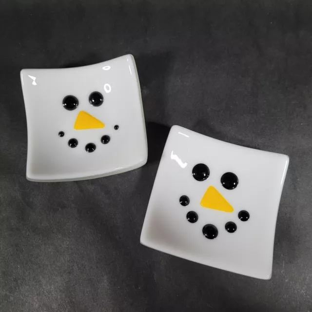 Fused Art Glass Snowman Face Plate Dish Set Small 4x4 Lot of 2 Hand Made Signed