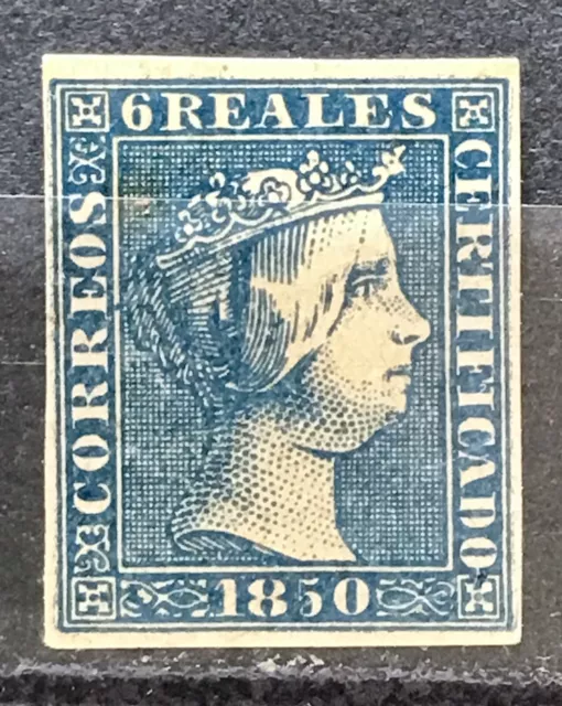 ESPAÑA 1850. ISABEL II. Edifil 4. NUEVO CON GOMA. 6 R. AZUL. FALSO FILATELICO