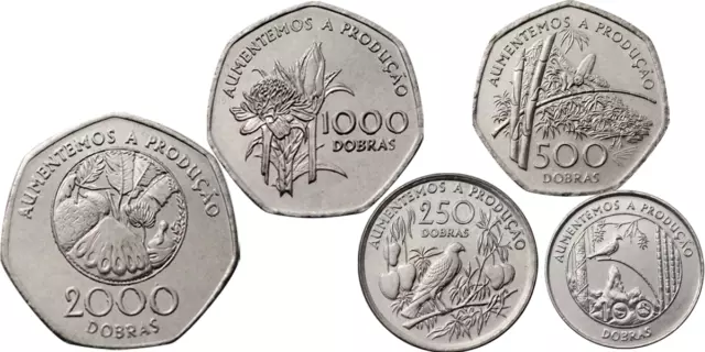 San Sao Tome And Principe 5 Coins Set 100 250 500 1000 2000 Dobras 1997 Unc