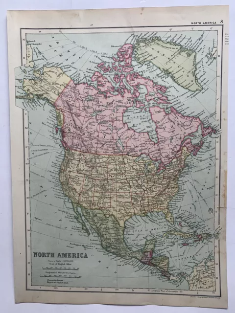 1913 North America Original Antique Chart by G.W. Bacon 108 Years Old
